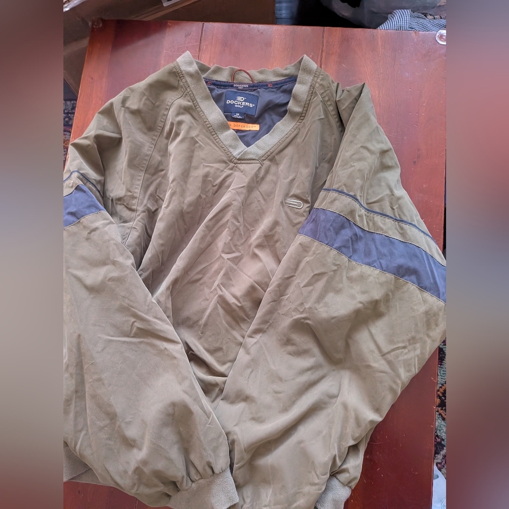 Dockers Men's Olive Green Windbreaker Jacket with Navy Accents